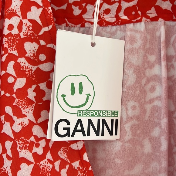 NWT GANNI Balloon-sleeve Floral-print Crepe Midi Dress - Picture 6 of 10